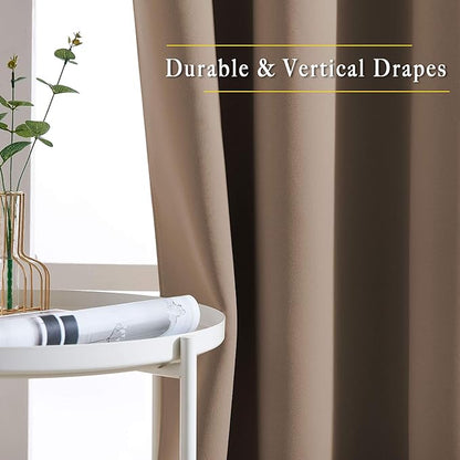 NICETOWN Bedroom Blackout 110 inch Curtains for Sliding Glass Door, Grommet Thermal Insulated Solid Window Treatments Sound Reducing for Living Room, W66 x L110, Cappuccino, Set of 2