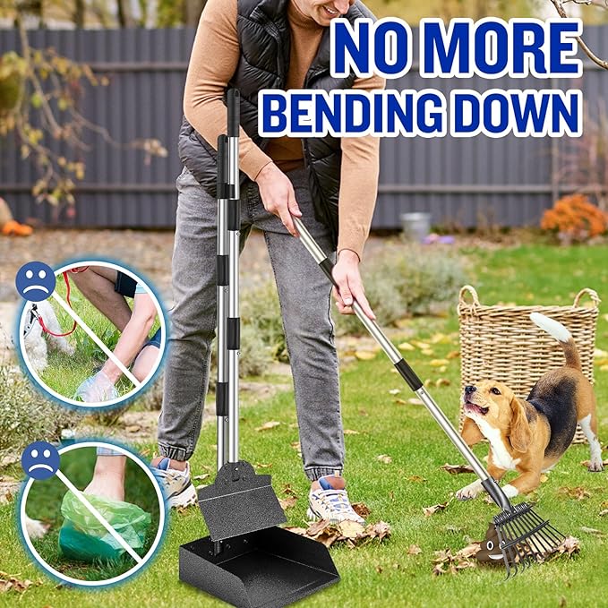 Dog Pooper Scooper for Large Dogs, 3 Pack Adjustable Long Handle Metal Tray, Rake and Spade Poop Scoop with Bin for Pet Waste Removal, No Bending Clean Up for Medium and Large Dogs-Mewly Pet