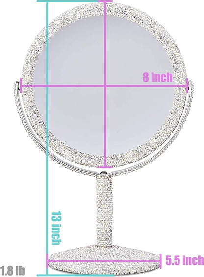TISHAA Bling Makeup Vanity Mirror - Luxury Stand Double Sided Mirror Crystal Rhinestone Portable Desk Bathroom Bedroom (2X Magnification)