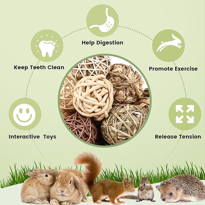 Bunny Chew Grass Balls, Rolling Chew Toys for Small Animals, Improving Dental Health, Natural Chew Grass Toys for Rabbits, Guinea Pigs, Chinchillas, Hamsters, Mice (16 Pcs)-Mewly Pet