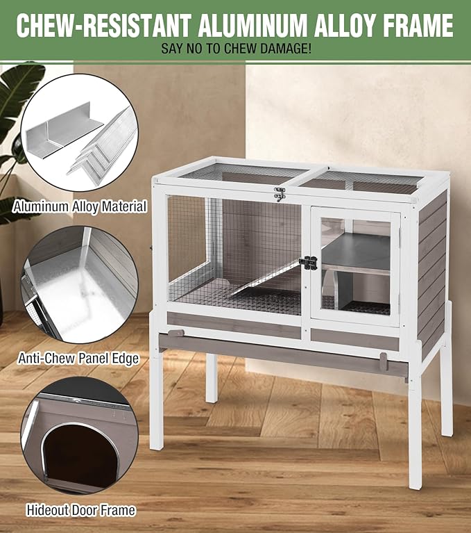 GUTINNEEN Guinea Pig Cage Rabbit Cage Indoor with Chew-Proof Edges, Clean Deep Tray, Leakproof PVC Layer, Small Animals Cage with Adjustable Legs - Brown-Mewly Pet
