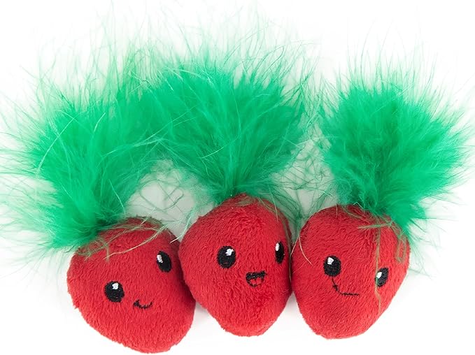 Catstages Strawbabies 3-Pack Catnip Cat Toys for Dental Health, Feather & Crinkle Teething Toys for Kittens and Indoor Cats, Interactive Play, Pink-Mewly Pet