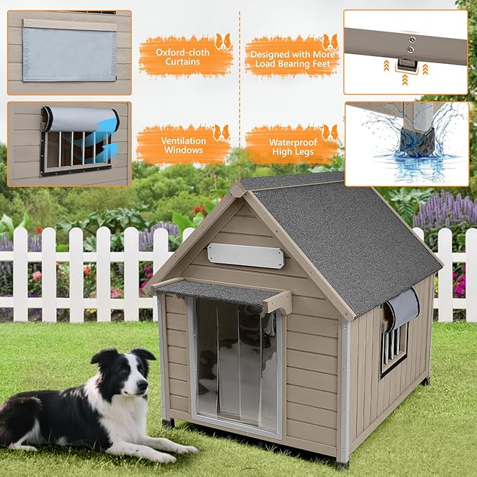 Large Dog House Outdoor Weatherproof, Wooden Dog Kennel Shelter with Anti-Chewing Iron Frame, Removable Floor for Medium to Large Dogs, Easy Clean and Assemble (30.5" L*37.4" W*39.3" H)-Mewly Pet