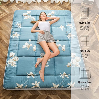 MAXYOYO Floral Printed Futon Mattress, Padded Japanese Floor Mattress Quilted Bed Mattress Topper, Extra Thick Folding Sleeping Pad Breathable Floor Lounger Guest Bed for Camping Couch, Queen Size