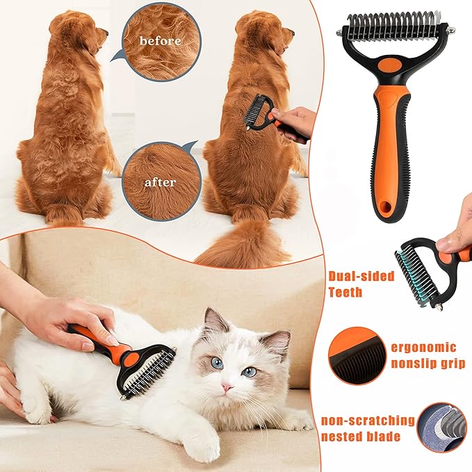 Cat Grooming Brush Kit 6 Tools - Deshedding & Dematting for Long/Short Hair, Self-Cleaning Slicker Brush with 6-in-1 Flea Comb for Cats & Kittens (Orange)-Mewly Pet