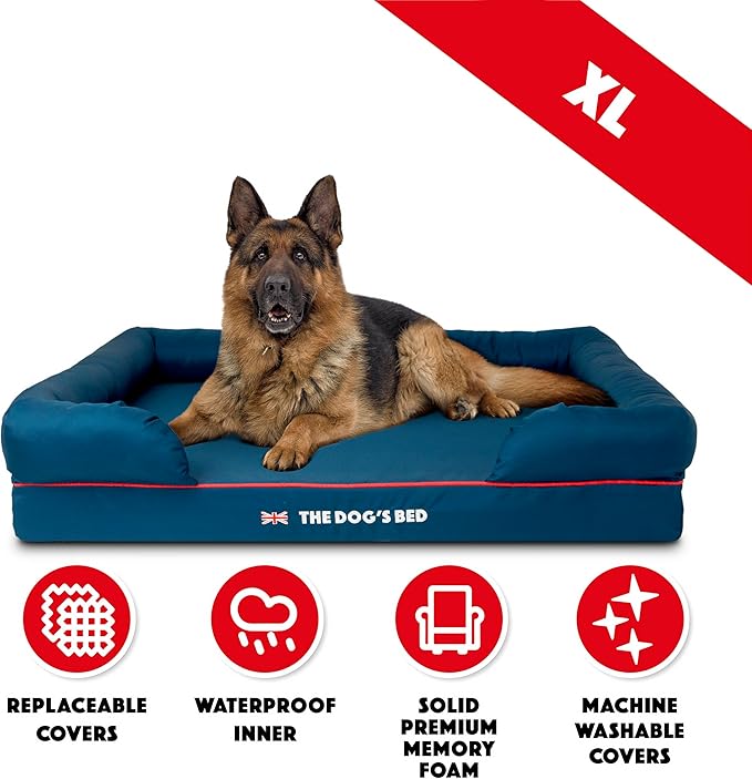 The Dog’s Bed Orthopedic Dog Bed XL Blue Oxford with Red Trim UK Flag Dog Bed 43.5x34, Memory Foam, Pain Relief: Arthritis, Post Surgery, Lameness, Veterinary Approved, Waterproof Washable Cover-Mewly Pet