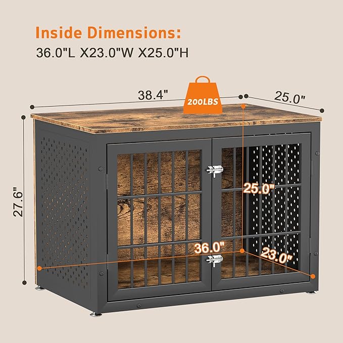 38" Heavy Duty Dog Crate Furniture for Large and Medium Dogs,Wooden Metal Kennel for High Anxiety Dogs, Chew Proof Pet Cage Indoor, Decorative Dog Kennel End Table-Mewly Pet