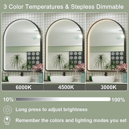 24x36 Inch Arched LED Mirror for Bathroom with Lights, Adjustable 3000K/4500K/6000K, Wall Mounted Black Frame Lighted Bathroom Vanity Mirror, Anti-Fog, Dimmable, Memory Function