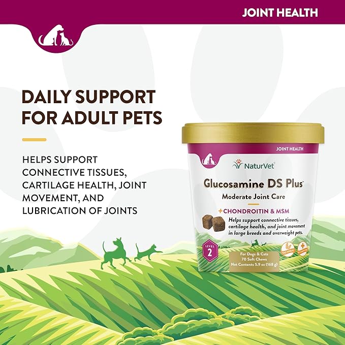 NaturVet – Glucosamine DS Plus - Level 2 Moderate Care – Supports Healthy Hip & Joint Function – Enhanced with Glucosamine, MSM & Chondroitin – for Dogs & Cats–70 Soft Chews-Mewly Pet