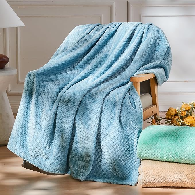 NEWCOSPLAY Super Soft Twin Blanket Light Blue Premium Silky Flannel Fleece Leaves Pattern Lightweight Bed Blanket All Season Use (Light Blue, Twin(60"x80"))