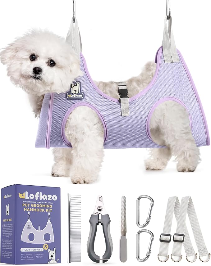 Dog Grooming Hammock Harness for Dogs & Cats with Pet Nail Clipper Trimmer - Cat Hanger Sling for Trimming Clipping Nails- Dog Hammock Restraint Bag for Small Medium Large pet （ Purple S）-Mewly Pet
