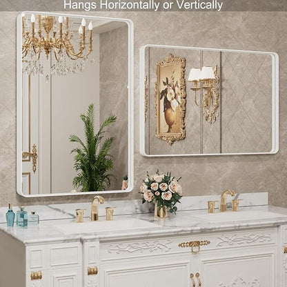 LOAAO 20x30 Inch White Metal Framed Bathroom Mirror for Wall, White Bathroom Vanity Mirror Farmhouse, Large Rounded Rectangle Mirror, Anti-Rust, Hangs Horizontally or Vertically