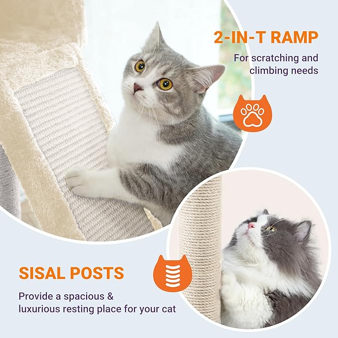 Allewie 81 Inches Tall Cat Tree/Multi-Level Large Climbing Tree House and Towers for Big Feline/Condo and Hammock/Scratching Post/Wide Base/Beige-Mewly Pet