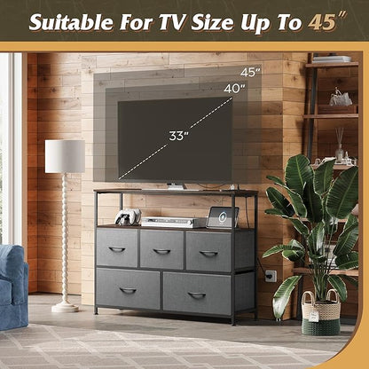 WLIVE 5 Drawer Dresser TV Stand for 45 Inch TV, Entertainment Center with Open Shelf and Power Outlet, Chest of Drawers for Bedroom, Living Room, Closet, Dark Grey