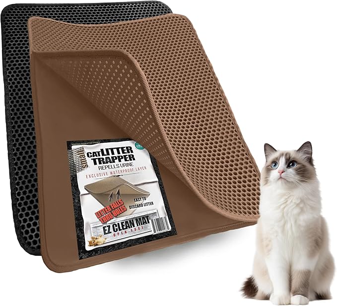 Small Cat Litter Trapper by iPrimio - Litter Mat, EZ Clean Cat Mat, Litter Box Mat Water Proof Layer and Puppy Pad Option. Patented (23"x21" Brown)-Mewly Pet