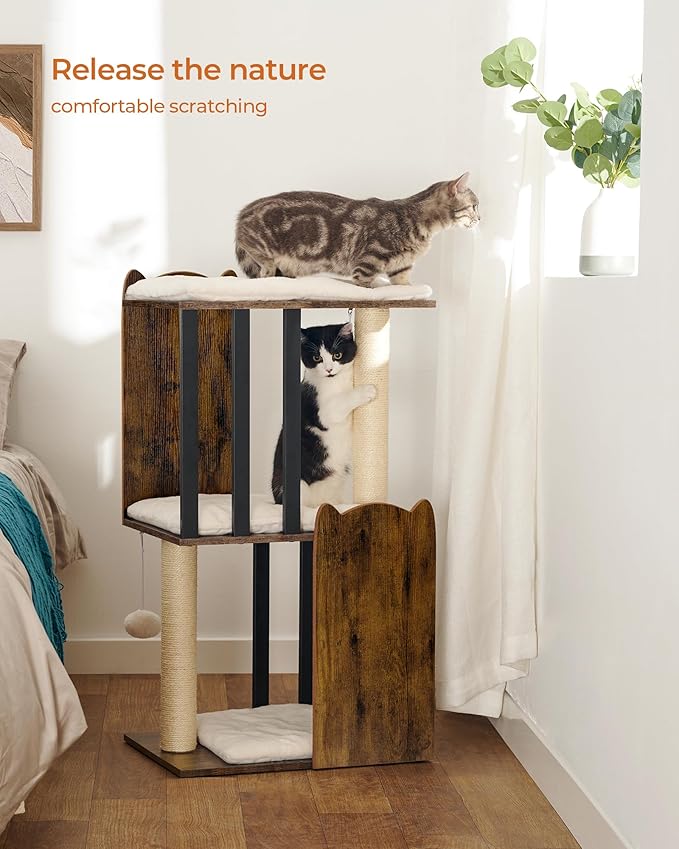 FourFurPets 35.4in 3-Tier Modern Cat Tree Tower Condo, Cat Scratch Posts for Indoor Cats, Big Plate, Two Full Sisal Scratching Posts, Rustic Brown-Mewly Pet