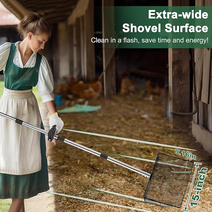 15-inch Large Chicken Poop Scooper, 5 in 1 Adjustable Chicken Coop Scoop with Ergonomic Grip, 24" to 77" Long Stainless Steel Sifting Litter Shovel Pooper Scooper Chicken Coop Accessories-Mewly Pet