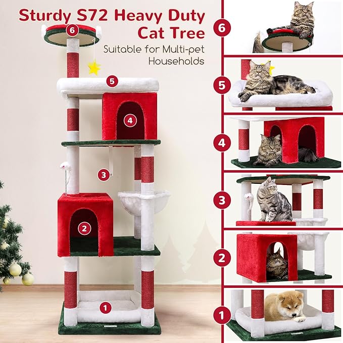 Globlazer Heavy Duty Cat Trees for Large Cats, Sturdy 72in Maine Coon Cat Tree for Large 20 lbs+ Heavy Duty Cat Tower for Adult Biggest Cats with 6 Scratching Posts, Hammock, S72, Red White Green-Mewly Pet