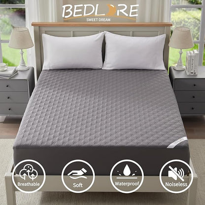 BEDLORE Waterproof Mattress Protector, Noiseless Queen Size Mattress Pad with Deep Pocket Fitted Up to 6"-18", Soft Breathable Dirt-Proof Bed Mattress Cover Washable Bedroom, Hotel (Gray)