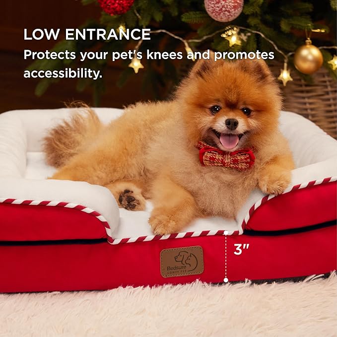 Bedsure Orthopedic Dog Beds for Small Dogs - Washable Small Dog Cat Bed Waterproof, Comfort Pet Couch Sofa with Washable Removable Cover, Pets Bed with Nonskid Bottom, Red, 24"-Mewly Pet