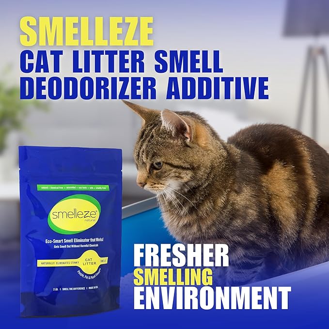 SMELLEZE Natural Cat Litter Deodorizer and Litter Box Odor Eliminator Additive for Strong Smells Unscented Kitty Litter Smell Control Safe Long-Lasting Granules for Multi Cat Homes 2 lb-Mewly Pet