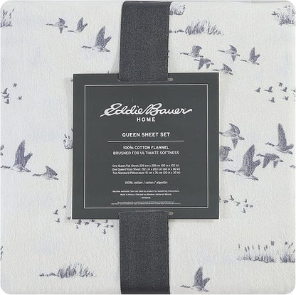 Eddie Bauer - King Sheet Set, Warm Breathable Cotton Flannel Bedding with Deep Pockets, Brushed for Extra Softness, Cozy Home Decor, Oeko-Tex Certified (Geese Meadows, King)