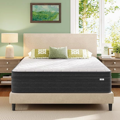 koorlian 12 Inch King Size Mattress in a Box for Back Pain, Medium Firm Feel Fiberglass Free Hybrid Mattress with Individual Pocket Springs and Pressure-Relieving Memory Foam, 120-Night Trial