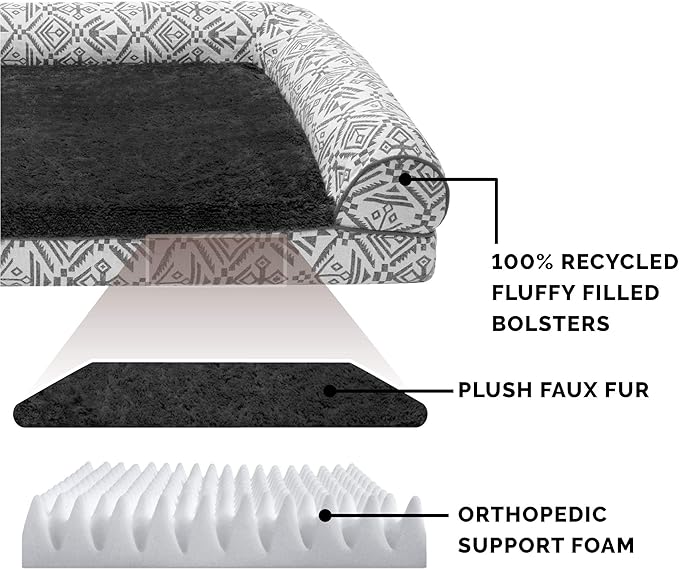 Furhaven Orthopedic Dog Bed for Large/Medium Dogs w/ Removable Bolsters & Washable Cover, For Dogs Up to 55 lbs - Plush & Southwest Kilim Woven Decor Sofa - Boulder Gray, Large-Mewly Pet
