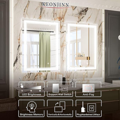 Keonjinn LED Mirror 24 x 32 Inch, Lighted Bathroom Vanity Mirror for Wall, Fronlit Only, HD Tempered Glass, UL-Listed LED Driver, Anti-Fog, Dimmale 6000K, Easy Installation(Horizontal/Vertical)