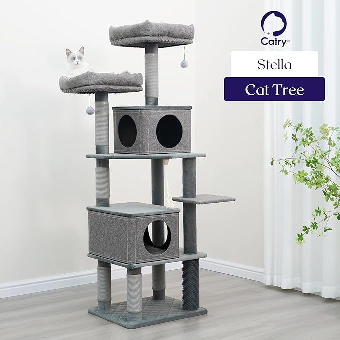 Catry® Stella 7-Level 67.5” Linen & Quilted Velvet Cat Tree with Recycled Paper Scratchers, Two Condos, Removable Beds, Toys, Easy to Clean, Ideal for Large Cats and Multi-Cat Homes (Zinc Gray)-Mewly Pet