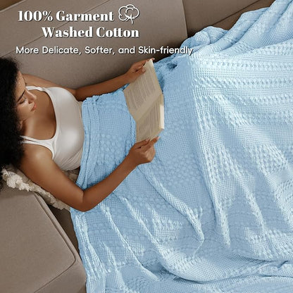 PHF 100% Cotton Waffle Weave Blanket Twin Size for Bed, Soft Lightweight & Breathable, All-Season Comfort, Luxury Aesthetic Woven Bedding for Home Decor, 66"x90", Baby Blue