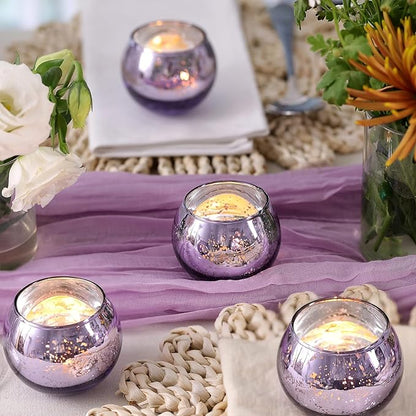 Volens Round Purple Votive Candle Holders Set of 12, Purple Wedding Centerpiece Table Decorations, Mercury Glass Tealight Candle Holder for Bridal Shower, Baby Shower & Home Decor