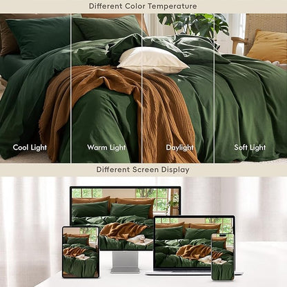 MooMee Bedding Duvet Cover Set 100% Washed Cotton Linen Like Textured Breathable Durable Soft Comfy (Solid Forest Green, Super Queen 90"x98")