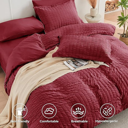 HYMOKEGE Burgundy King Size Comforter Set Seersucker 7 Pieces, All Season Luxury Bed in a Bag for Bedroom, Bedding Set with Comforters, Sheets, Pillowcases & Shams