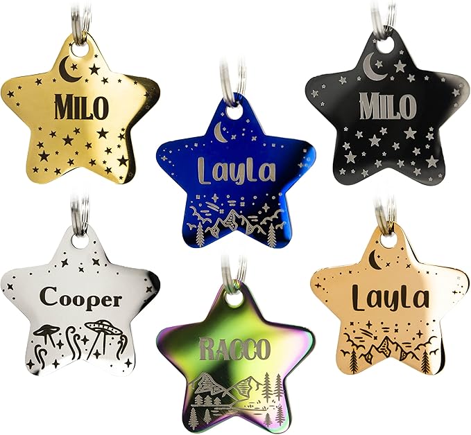 Personalized Dog Tag with 5 Lines of Custom Deep Engraved Durable Stainless Steel Pet ID Name Tag Designer Small Size Star-Mewly Pet