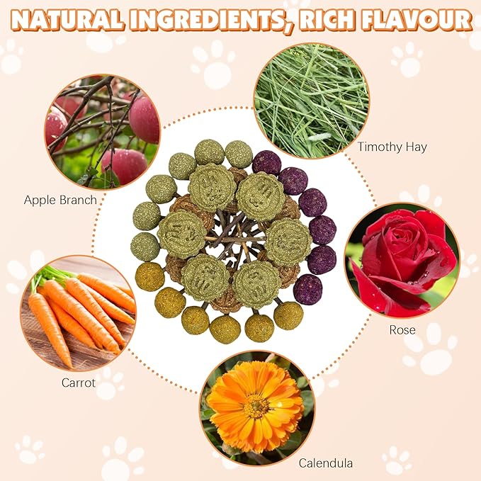 Fhiny Rabbit Chew Toys, 30 PCS Natural Bunny Lollipop Chew Sticks Handmade Guinea Pig Molar Treats for Teeth Small Animals Snacks for Guinea Pig Bunny Chinchilla Hamster Gerbil Teeth Care-Mewly Pet