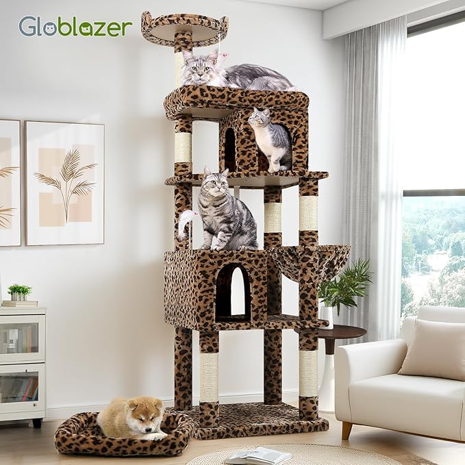 Globlazer Heavy Duty Cat Trees for Large Cats, Sturdy 72in Maine Coon Cat Tree for Large Cat 20 lbs+ Heavy Duty Cat Tower for Adult Biggest Cats with 6 Scratching Posts, Hammock, S72, Leopard Print-Mewly Pet