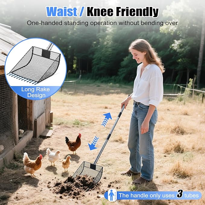 CAROD Chicken Poop Scooper & Rake 2-in-1, Metal Chicken Coop Scoop for Poop with 24 to 68" Adjustable Stainless Steel Handle, Litter Scooper Sand Sifting Shovel Chicken Coops/Animals House-Mewly Pet