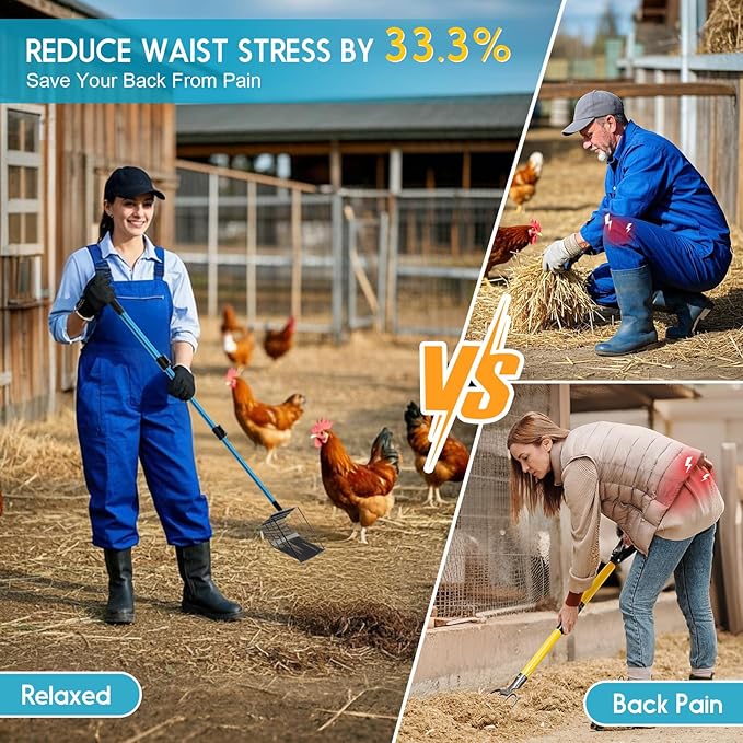 Large Chicken Poop Scooper & Rake: 22"-41" Extendable Long Handle Metal Chicken Coop Scooper with Detachable Heavy Duty Litter Sifting Shovel for Pet Waste | Chicken Coop Accessories-Mewly Pet