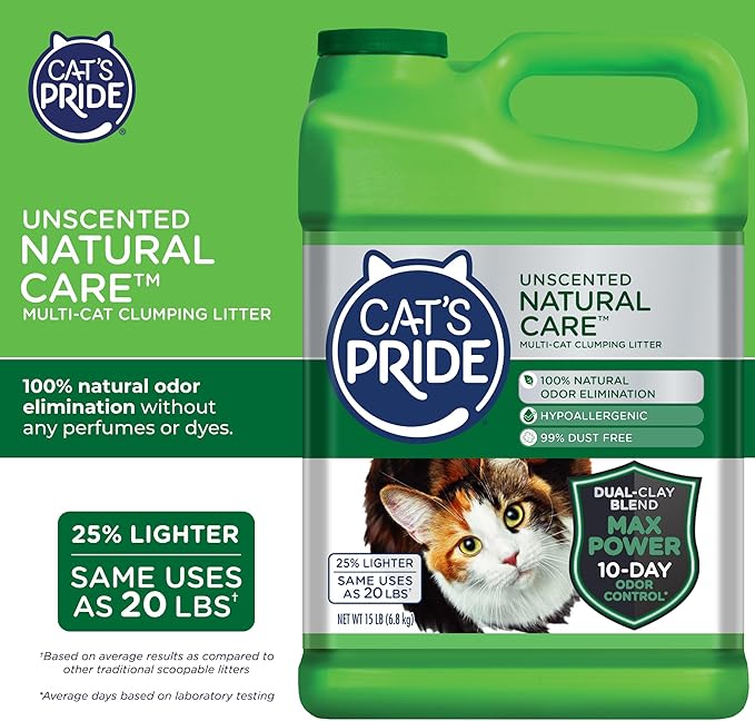 Cat's Pride Max Power: Natural Care - Up to 10 Days of Powerful Odor Control - 100% Natural Odor Elimination - Hypoallergenic - 99% Dust Free - Multi-Cat Clumping Litter, Unscented, 15 Pounds-Mewly Pet