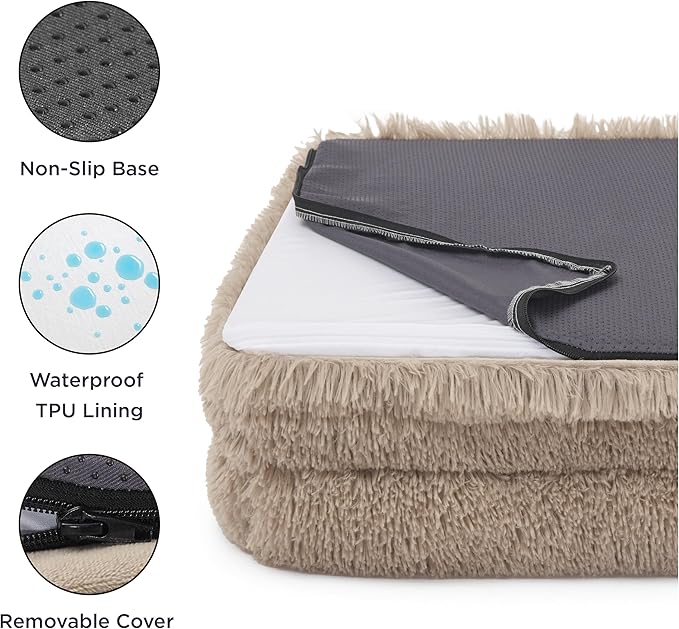 Bedsure Orthopedic Dog Beds Large Sized Dog - Washable Large Dog Cat Bed Waterproof, Comfort Dogs Couch Sofa with Washable Removable Cover, Pet Bed with Nonskid Bottom, Long Faux Fur-Taupe, 35"-Mewly Pet