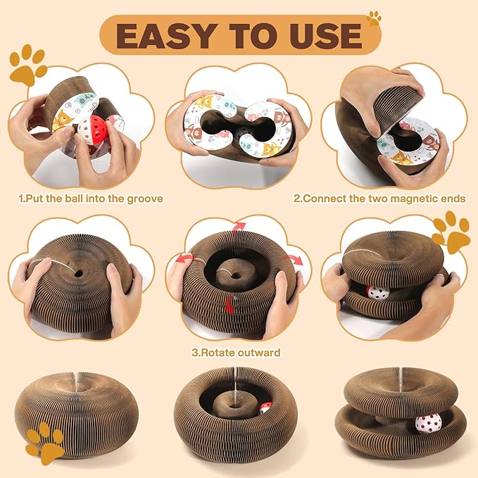 2 PCS Magic Organ Cat Scratcher Board with 6 Balls, Foldable Recyclable Accordion Cats Toy with Ball and Track Adventure, Cat Scratching Pad, Retractable Reversible Furniture Protector(Brown)-Mewly Pet