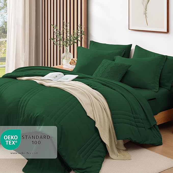 Monbix Queen Comforter Set - 7 Pieces Emerald Green Bed in a Bag Queen Bedding Sets with Comforters, All Seasons Down Alternative Comforter Bed Set with Sheets, Pillowcases & Shams