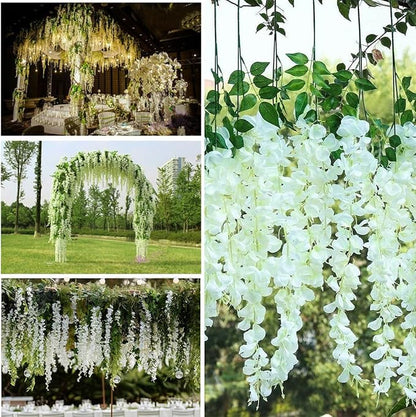 Artificial Wisteria Hanging Flowers Fake Wisteria Flower Garland Silk Vines Rattan Decor for Home Wedding Arch Wall Garden Greenery Bedroom Outdoor Office Party Decoration (24, White)
