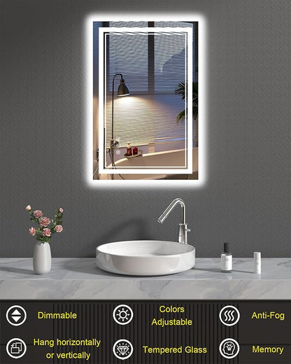 LED Mirror for Bathroom, 20x28 Inch Lighted Mirrors for Bathroom Wall with Unbreakable Tempered Glass, 3 Colors Stepless Dimmable, Super Bright 2 Front Lights + Backlit, Anti-Fog, Memory Function