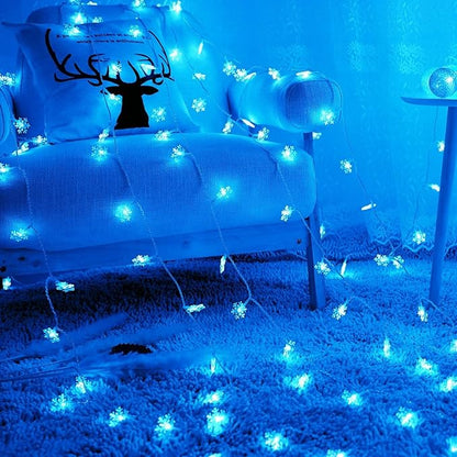 Christmas Snowflake String Lights, 20 FT 40 LED Battery Operated Blue Fairy Lights with Remote, 8 Modes Hanging Lights for Bedroom Room Decor Patio Party Wall Indoor Outdoor Xmas Tree Decorations