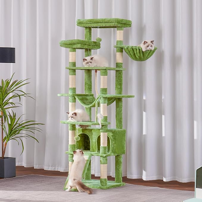 Heybly Tall Cat Tree,78 inch Multi-Level Cat Tower for Indoor Cats, 2 Widened Plush Perches Cat Condo with Scratching Board and Big Caves, Green HCT033GR-Mewly Pet