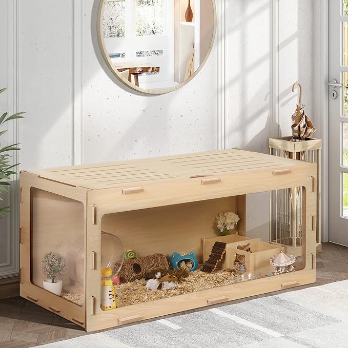 COZIWOW Wooden Hamster Cage Chewproof, Bigger World - 32" Large Hamster Cages and Habitats, Openable Top & 3 Side Acrylic Sheets, Small Animal Cage Pet House for Syrian Dwarf Guinea Pig Chinchilla-Mewly Pet
