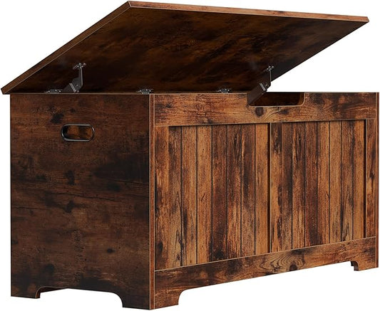 Wooden Storage Chest Box with Flip-top Lid & Safety Hinge, 39.4 Inch Living Room Organizer, Bedroom Bench, Rustic Brown