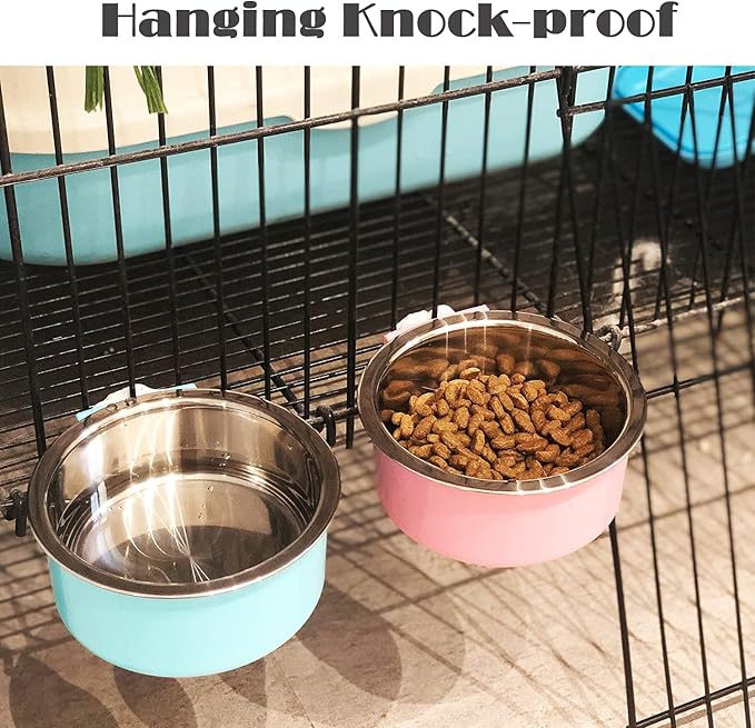 HERCOCCI Dog Crate Bowl, Removable Stainless Steel Pet Kennel Cage Hanging Food Bowls and Water Feeder Coop Cup Prevent Overflow for Puppy, Medium Dog, Cat, Rabbit, Ferret (2PCS)-Mewly Pet